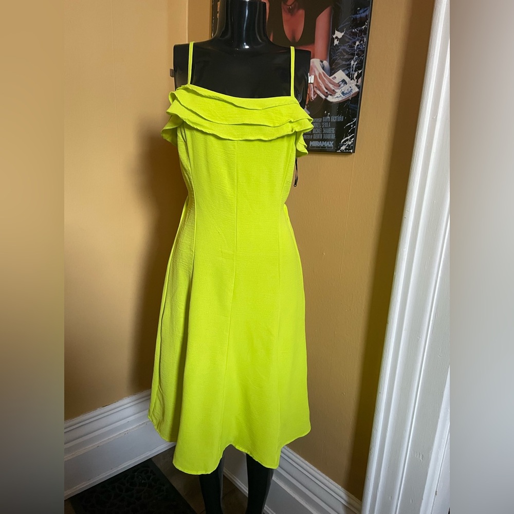 Liberty Love Sleeveless Tank Top Ruffle-Neck A-Line Dress in Neon Lime L